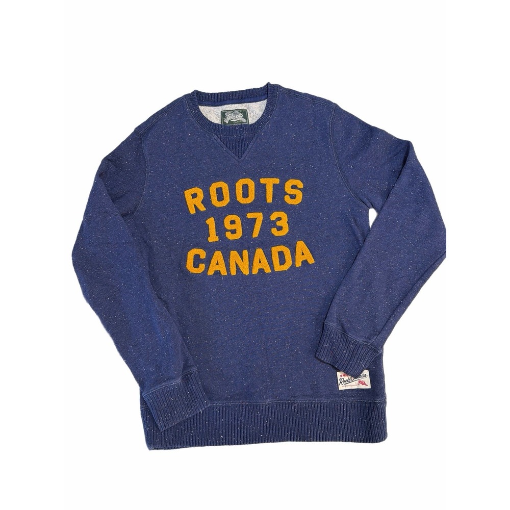 Roots Canada Spell Out Crewneck Sweatshirt Navy Blue Speckled XS